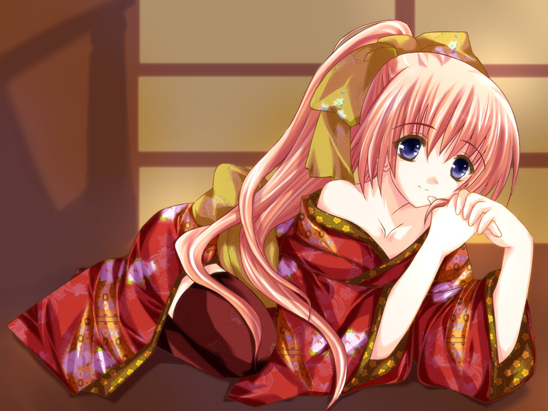 espresso, tsukamichi fumi, original, 1girl, female focus, japanese clothes, long sleeves, pink hair, ponytail, red hair, solo