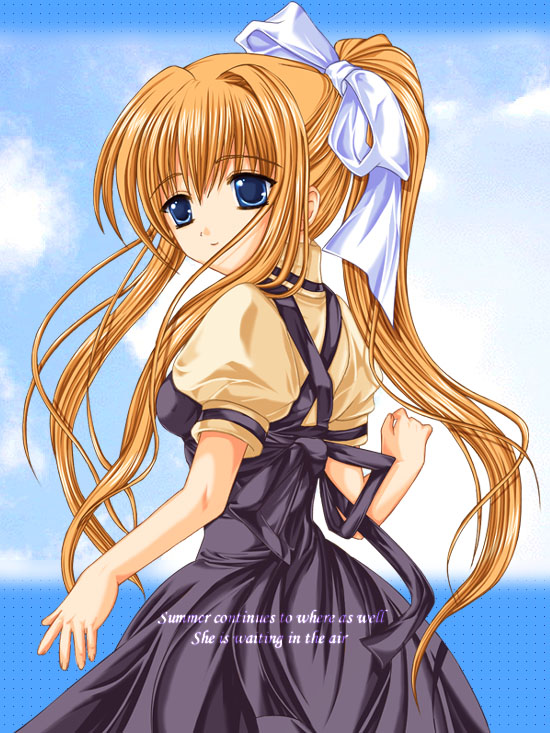 tsukamichi fumi, kamio misuzu, air (visual novel), 00s, english text, engrish text, long hair, ponytail, ranguage, solo, very long hair