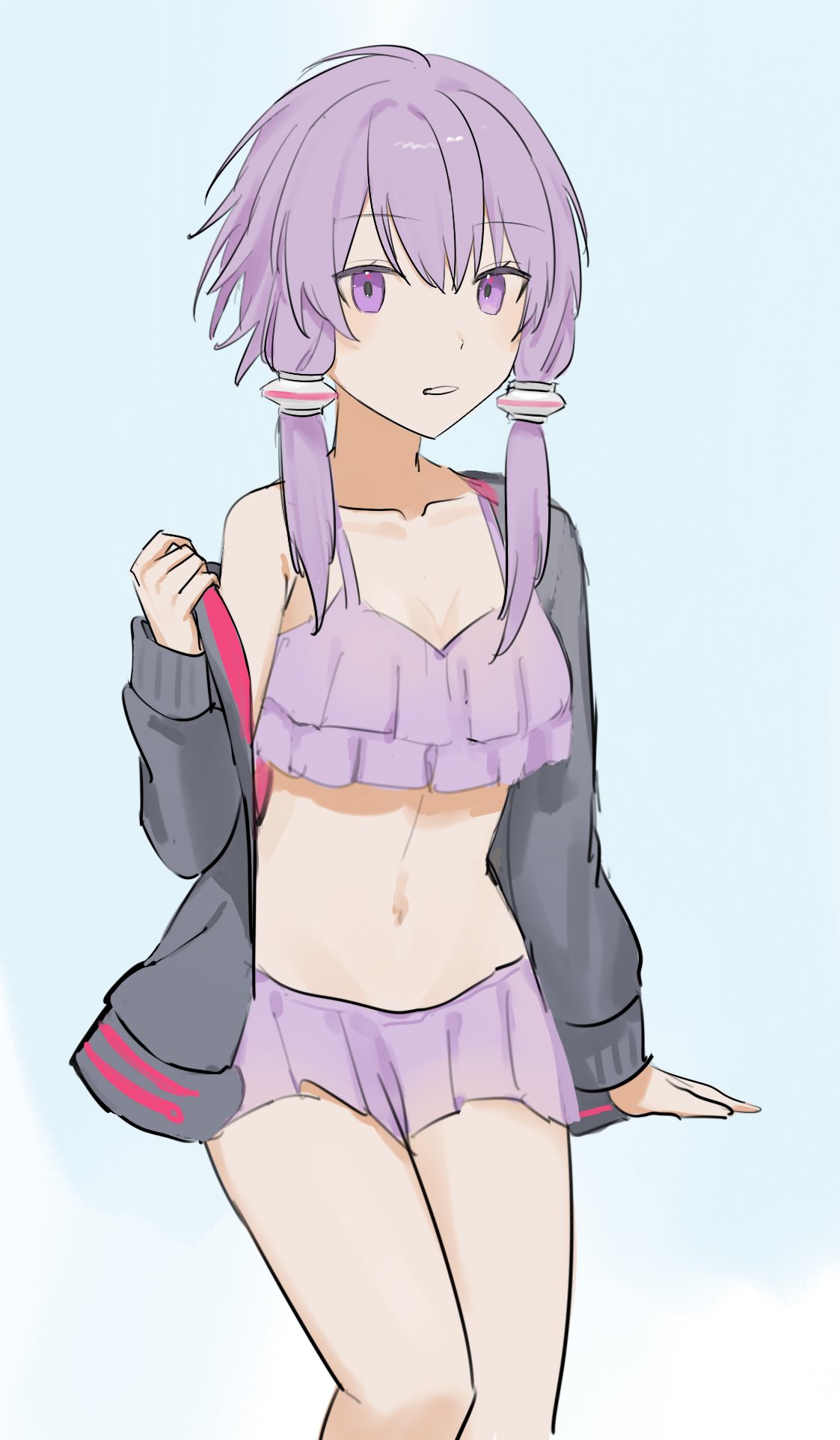 san-shikaku, yuzuki yukari, vocaloid, voiceroid, commentary request, highres, 1girl, arm support, bikini, bikini skirt, black jacket, blue background, breasts, cleavage, collarbone, cowboy shot, frilled bikini, frills, hair between eyes, hair ornament, hand up, jacket, jacket partially removed, long hair, long sleeves, looking at viewer, navel, open clothes, open jacket, parted lips, purple bikini, purple eyes, purple hair, short hair with long locks, sidelocks, simple background, single bare shoulder, single off shoulder, sitting, small breasts, solo, stomach, swimsuit, tareme, two-sided fabric