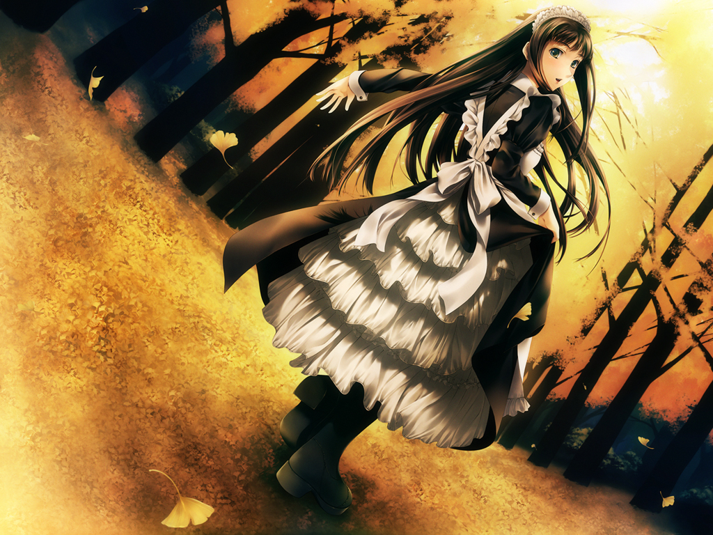 simosi, 1girl, autumn, autumn leaves, black hair, boots, brown hair, bush, dress, female focus, ginkgo tree, gold, green eyes, leaf, long hair, maid, maid headdress, nature, outdoors, solo, tree, walpurgisnacht, yellow theme