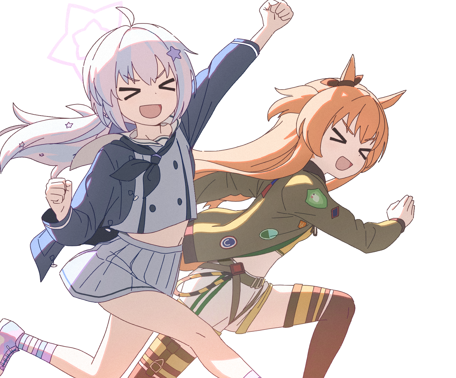 kutsusama, mayano top gun (umamusume), reisa (blue archive), blue archive, umamusume, commentary, commission, highres, > <, 2girls, :d, ahoge, animal ears, ankle socks, arm up, belt, black thighhighs, blue hair, blue jacket, blue shirt, blue socks, bow, clenched hand, closed eyes, cropped shirt, crossover, ear ribbon, green jacket, grey skirt, hair between eyes, hair ornament, halo, horse ears, jacket, long hair, long sleeves, low twintails, midriff, multicolored hair, multiple girls, navel, one side up, open clothes, open jacket, open mouth, orange hair, pink hair, pink halo, pink shoes, pink socks, pleated skirt, running, sailor collar, shirt, shoes, short shorts, shorts, sidelocks, simple background, skirt, smile, socks, star (symbol), star hair ornament, streaked hair, striped clothes, striped socks, thighhighs, twintails, white background, white sailor collar, white shorts, xd, yellow shirt