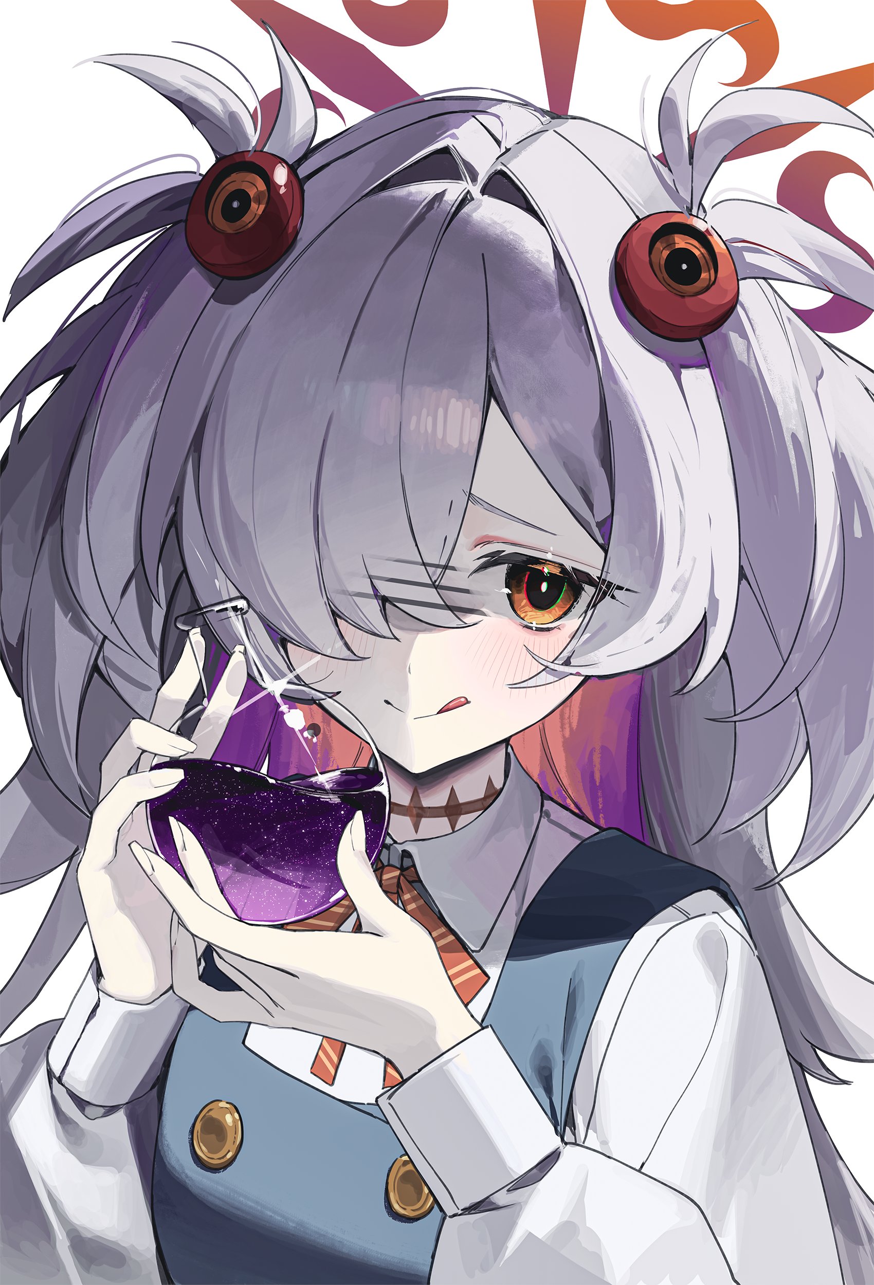g5 (g5 gugu), kanoe (blue archive), blue archive, absurdres, hashtag-only commentary, highres, 1girl, :q, black dress, blush, buttons, collared shirt, colored inner hair, diagonal-striped ribbon, double-breasted, dress, flask, flat chest, grey hair, hair intakes, hair over one eye, halo, hands up, holding, holding flask, long bangs, long hair, long sleeves, messy hair, multicolored hair, orange eyes, orange halo, pale skin, parted bangs, partially shaded face, pinafore dress, pink hair, puffy long sleeves, puffy sleeves, purple hair, red ribbon, ribbon, round-bottom flask, scar, scar on neck, shirt, short twintails, sidelocks, sleeve cuffs, sleeveless, sleeveless dress, solo, tongue, tongue out, twintails, very long hair, white shirt