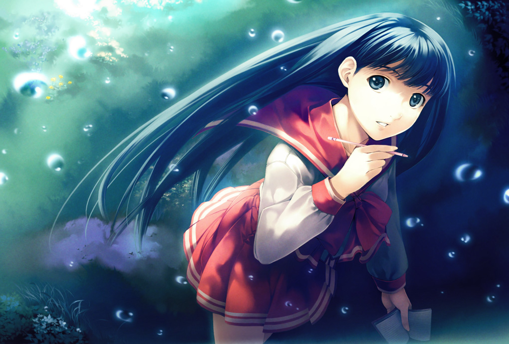 simosi, kusakabe yuuki (to heart 2), to heart (series), to heart 2, 00s, 1girl, blue eyes, blue hair, book, female focus, from above, holding, holding book, long hair, matching hair/eyes, open book, pencil, pleated skirt, rain, ribbon, school uniform, serafuku, skirt, solo, water drop