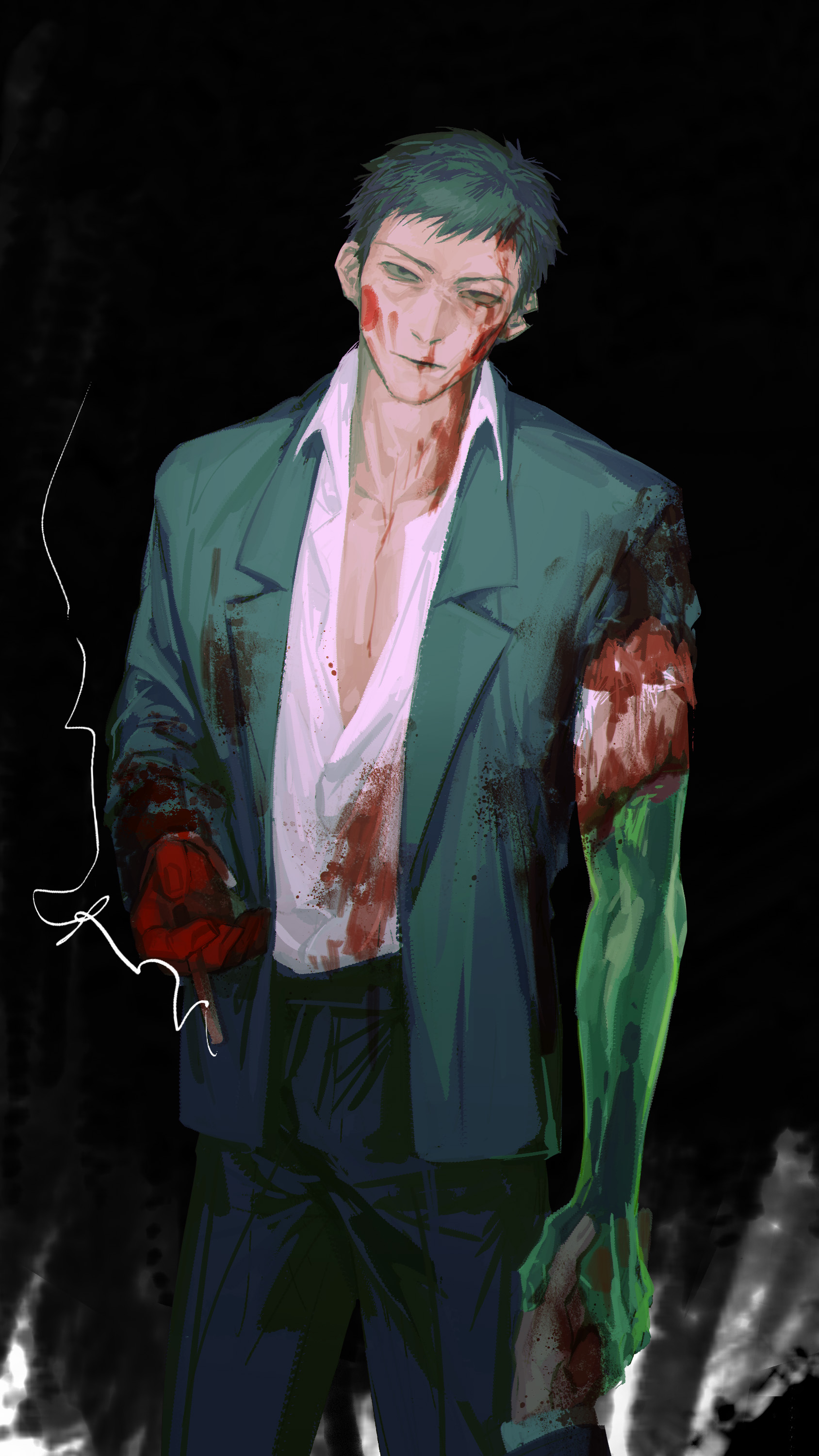 chino1048, ekubo (mob psycho 100), mob psycho 100, absurdres, highres, 1boy, black background, black hair, black jacket, black pants, black suit, blood, blood on face, blood on hands, closed mouth, collared shirt, formal clothes, holding hands, jacket, lapels, male focus, notched lapels, open clothes, open jacket, open shirt, pants, shirt, short hair, simple background, smile, solo focus, standing, suit, suit jacket, torn clothes, torn sleeve, white shirt, wing collar, yoshioka mamoru