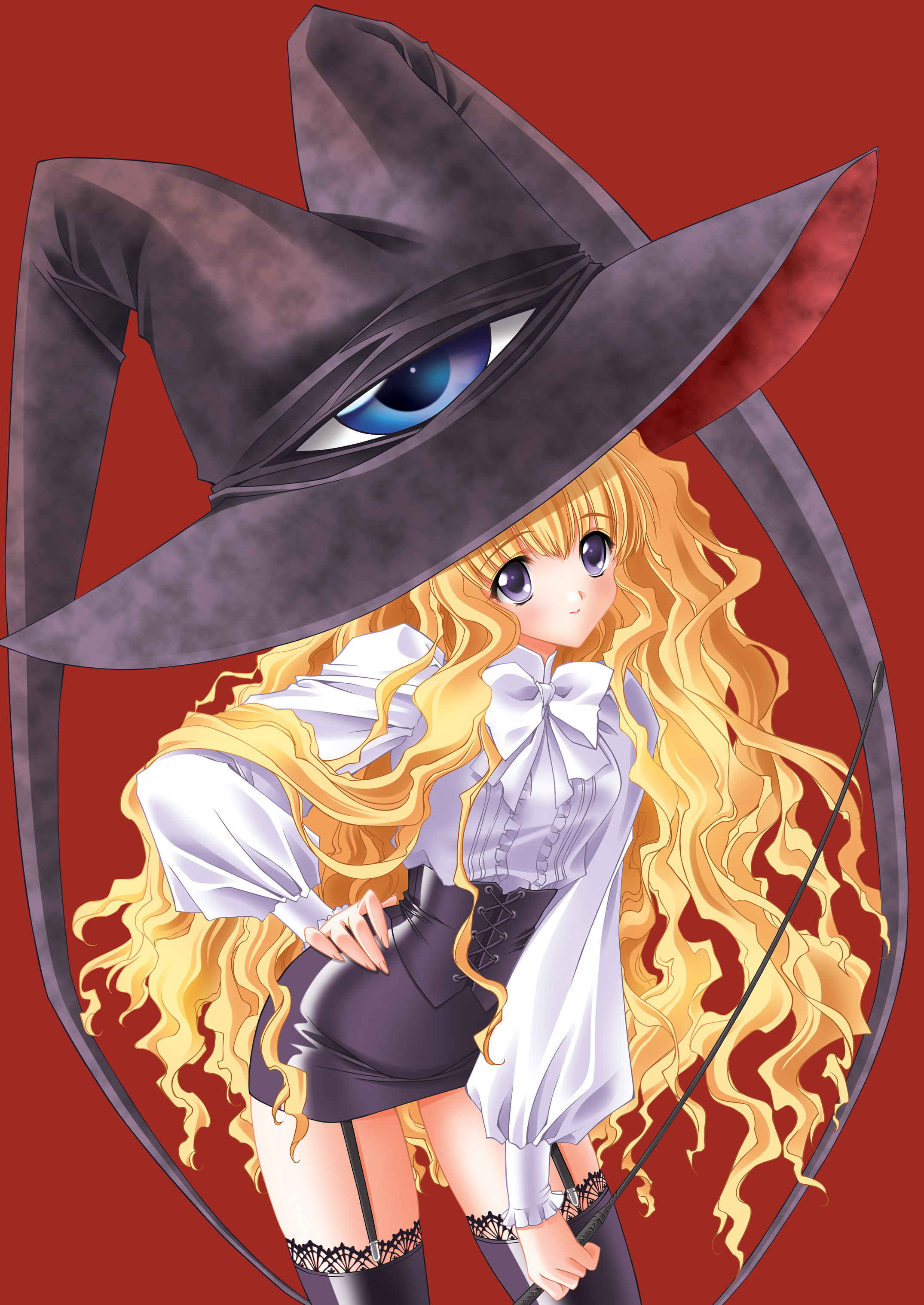 carnelian, lilith (yamibou), yami to boushi to hon no tabibito, absurdres, highres, 00s, 1girl, blonde hair, bow, female focus, garter straps, hand on own hip, hands on own hips, hat, holding, holding riding crop, long hair, long sleeves, looking at viewer, miniskirt, pencil skirt, purple eyes, red background, riding crop, simple background, skirt, smile, solo, thighhighs, very long hair, whip, witch hat, zettai ryouiki