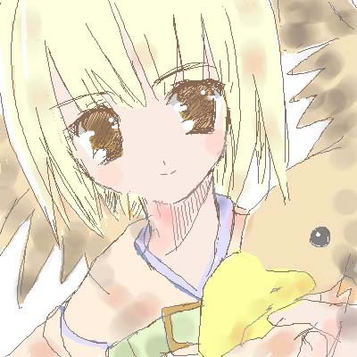 espresso, tsukamichi fumi, hunter (ragnarok online), ragnarok online, lowres, 1girl, :t, animal, beak, bird, blonde hair, brown eyes, female focus, hunter, oekaki, simple background, solo, upper body, white background