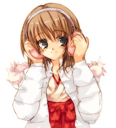 espresso, tsukamichi fumi, lowres, 1girl, earmuffs, female focus, hakama, hakama skirt, japanese clothes, miko, red hakama, skirt, solo