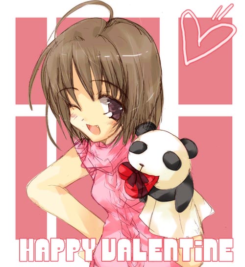 espresso, tsukamichi fumi, 1girl, fang, female focus, hand puppet, happy valentine, heart, one eye closed, panda, puppet, solo, valentine, wink