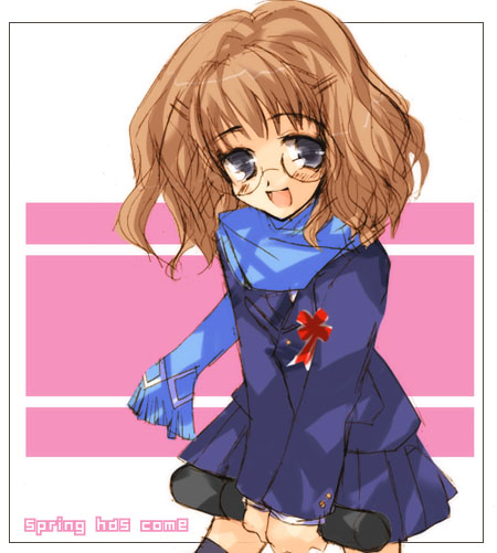 espresso, tsukamichi fumi, 1girl, blazer, blush, female focus, jacket, long hair, open mouth, pleated skirt, scarf, school uniform, skirt, smile, solo, thighhighs