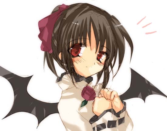 espresso, shia, tsukamichi fumi, shia (pita ten), pita ten, 1girl, bat wings, blush, brown hair, demon, demon girl, female focus, hands on own chest, looking at viewer, red eyes, simple background, solo, upper body, white background, wings