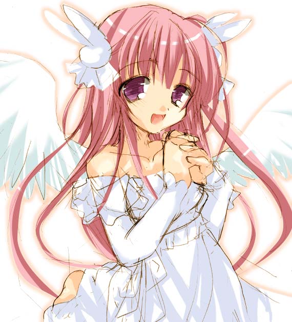 espresso, tsukamichi fumi, misha, misha (pita ten), pita ten, 1girl, angel, animal ears, bare shoulders, dress, female focus, hair ornament, long hair, looking at viewer, own hands clasped, own hands together, pink hair, purple eyes, rabbit ears, rabbit hair ornament, solo, white dress, wings