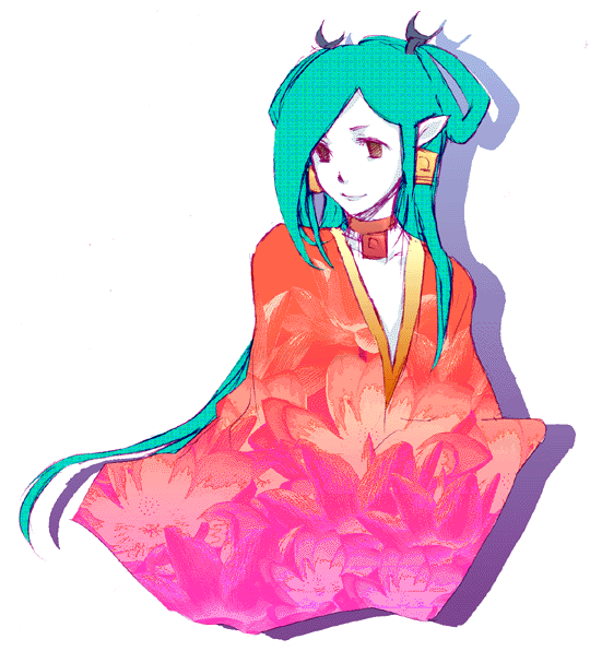 haydee (gankutsuou), gankutsuou, 00s, 1girl, female focus, green hair, japanese clothes, jewelry, kimono, long hair, neck ring, necklace, oekaki, pendant, pointy ears, simple background, solo, white background