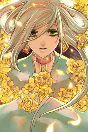 haydee (gankutsuou), gankutsuou, lowres, 00s, 1girl, brown hair, choker, earrings, female focus, flower, green eyes, jewelry, long hair, petals, rose, solo, yellow flower, yellow rose