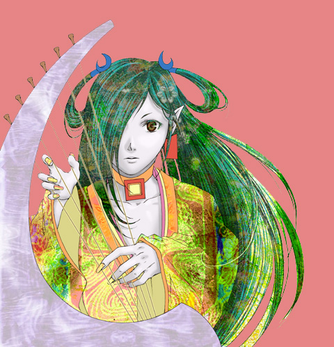 haydee (gankutsuou), gankutsuou, lowres, 00s, 1girl, :o, female focus, green eyes, hair over one eye, harp, instrument, jewelry, long sleeves, music, nail polish, neck ring, necklace, parted lips, pendant, pink background, playing instrument, pointy ears, simple background, solo, yellow nails