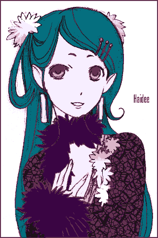 haydee (gankutsuou), gankutsuou, lowres, 00s, 1girl, character name, female focus, green hair, hair rings, high collar, long hair, looking at viewer, oekaki, simple background, solo, swept bangs, white background