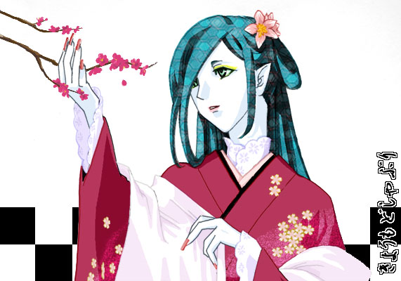 haydee (gankutsuou), gankutsuou, 00s, 1girl, aqua eyes, branch, cherry blossoms, female focus, fingernails, floral print, green hair, japanese clothes, kimono, long fingernails, long hair, makeup, mascara, nail polish, pointy ears, red nails, simple background, solo, very long hair, white background