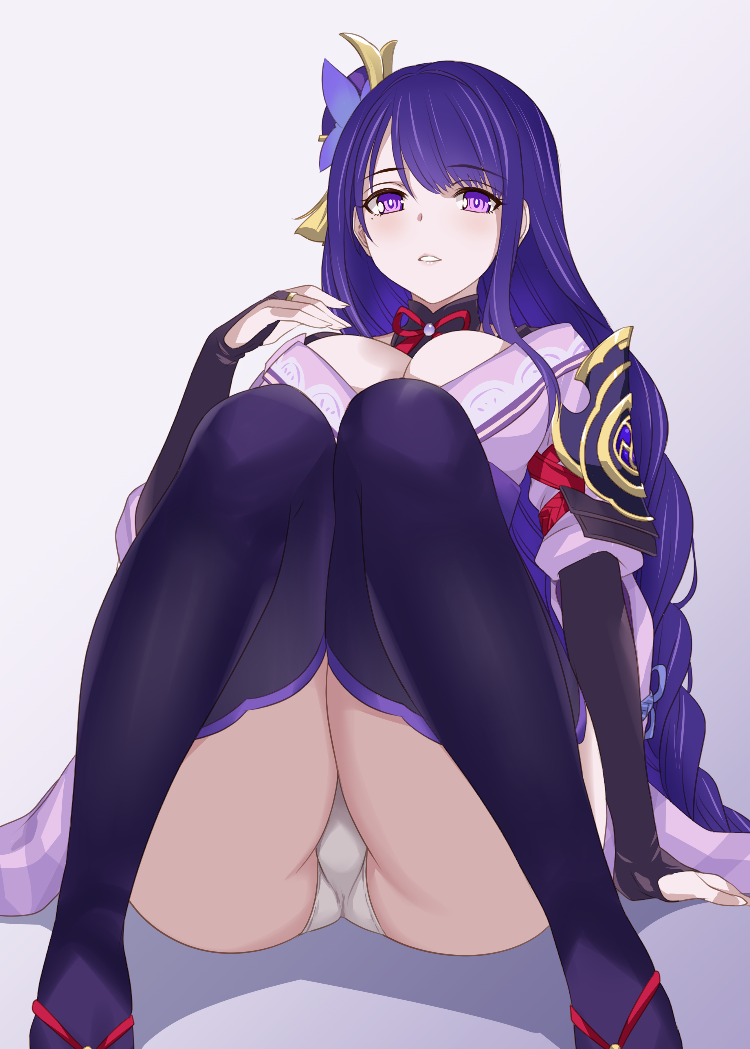 mitarashi kousei, raiden shogun, genshin impact, absurdres, highres, 1girl, arm support, blush, braid, breasts, bridal gauntlets, cleavage, closed mouth, fan hair ornament, flower, gradient background, hair ornament, holding, japanese clothes, kimono, knees up, large breasts, legs together, long hair, long sleeves, looking at viewer, low-braided long hair, low-tied long hair, mole, mole under eye, multiple girls, obijime, panties, parted lips, purple background, purple eyes, purple flower, purple hair, purple kimono, purple nails, purple thighhighs, sash, simple background, sitting, solo, thighhighs, underwear, very long hair, white panties