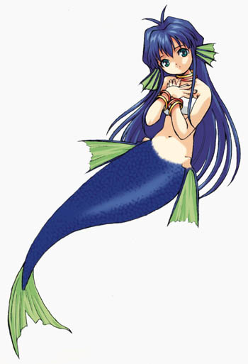 serilly (puyopuyo), compile, madou monogatari, puyopuyo, 1girl, blue hair, bracelet, female focus, fins, green eyes, head fins, jewelry, long hair, mermaid, monster girl, solo