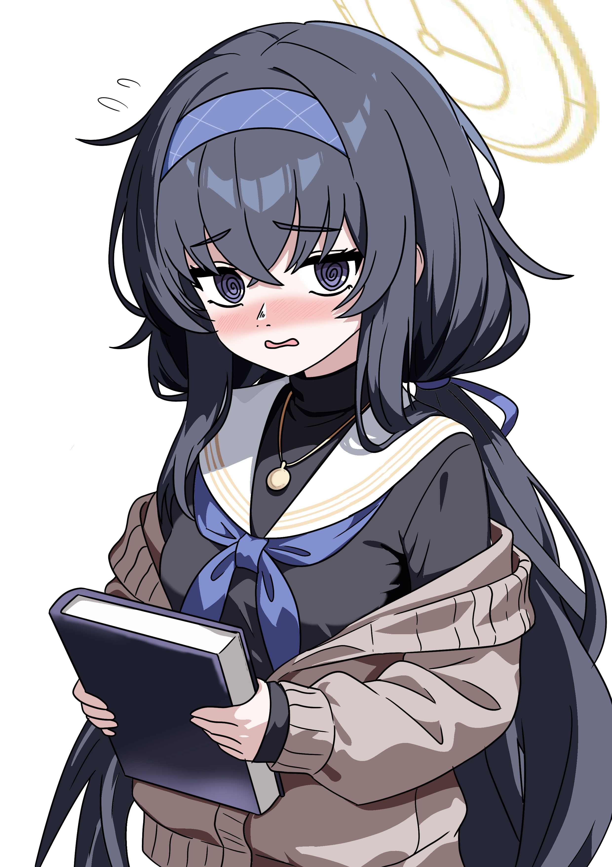 gubee, ui (blue archive), blue archive, absurdres, highres, 1girl, @ @, black hair, blue eyes, blue hairband, blush, book, breasts, hairband, halo, holding, holding book, looking at viewer, open mouth, simple background, small breasts, solo, standing, white background, yellow halo