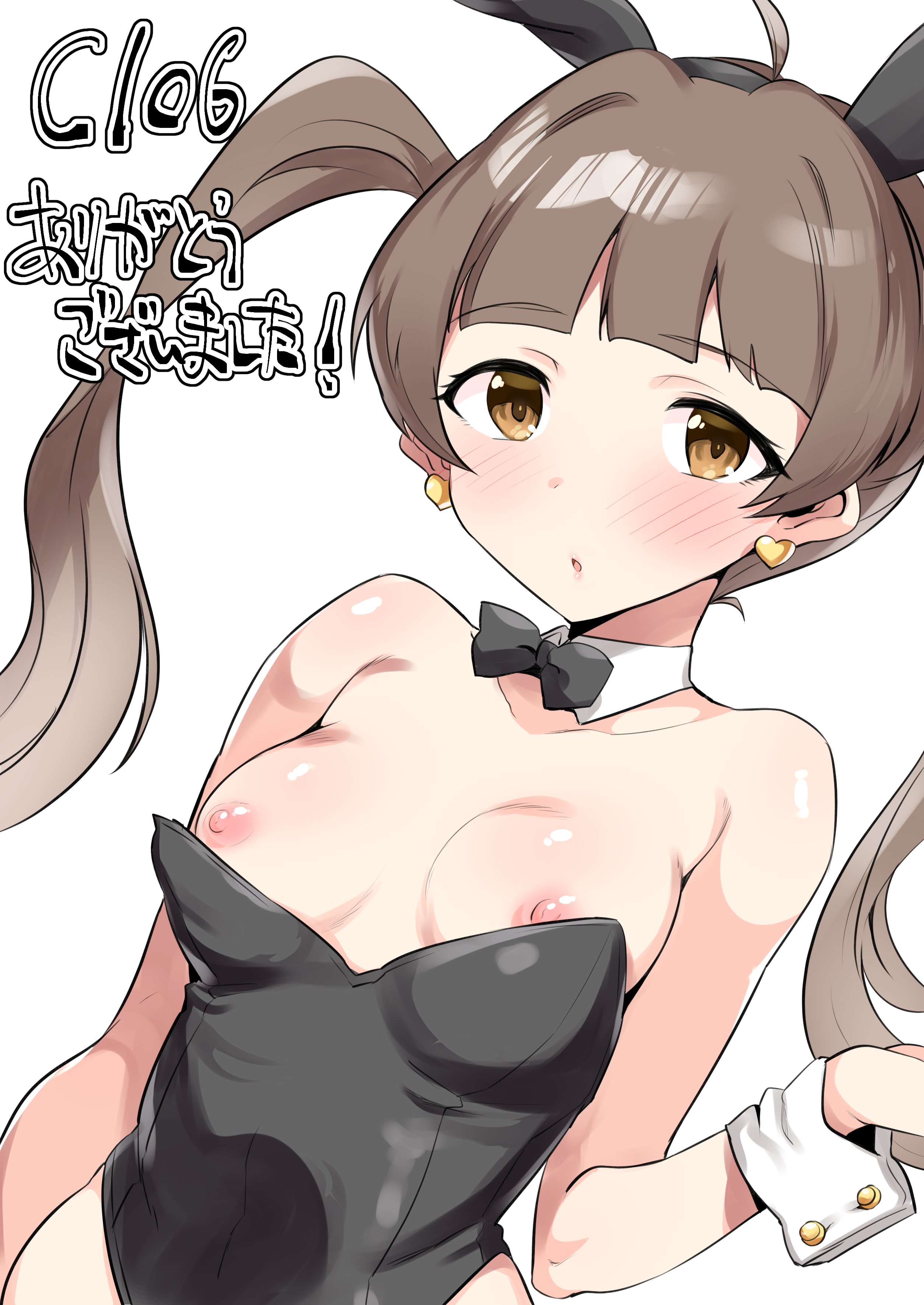 echihiro, hakozaki serika, idolmaster, idolmaster million live!, idolmaster million live! theater days, absurdres, highres, 1girl, :o, animal ears, black bow, black bowtie, black leotard, blush, bow, bowtie, breasts, breasts out, brown eyes, brown hair, earrings, fake animal ears, jewelry, leotard, long hair, nipples, playboy bunny, rabbit ears, small breasts, solo, twintails, upper body, wrist cuffs