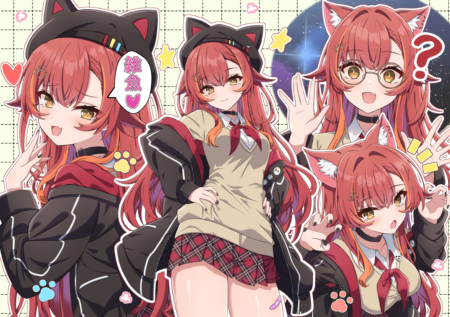synn032, nekota tsuna, vspo!, commentary request, highres, translation request, 1girl, :d, ?, animal ear fluff, animal ears, animal hat, beret, black choker, black hat, black jacket, black nails, breasts, brown background, brown eyes, brown sweater, choker, claw pose, collared shirt, dotted line, dress shirt, fake animal ears, fang, glasses, grey-framed eyewear, grid background, hair flaps, hands on own hips, hat, heart, jacket, long hair, long sleeves, medium breasts, multicolored hair, multiple views, nail polish, neckerchief, notice lines, off shoulder, open clothes, open jacket, open mouth, orange hair, outline, plaid clothes, plaid skirt, pleated skirt, puffy long sleeves, puffy sleeves, red hair, red neckerchief, red skirt, round eyewear, school uniform, shirt, skirt, sleeves past wrists, smile, streaked hair, sweater, very long hair, virtual youtuber, white outline, white shirt