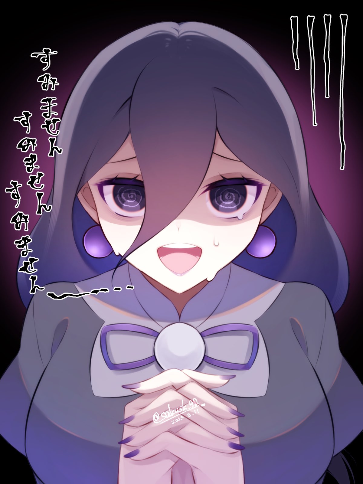 sakusk 92, hex maniac (pokemon legends: z-a), nintendo, pokemon, pokemon legends: z-a, highres, translation request, 1girl, @ @, black dress, black hair, breasts, dress, earrings, eyeliner, hair between eyes, huge breasts, jewelry, juliet sleeves, large breasts, large earrings, long hair, long sleeves, makeup, neck ribbon, open mouth, own hands together, puffy sleeves, purple eyeliner, purple eyes, purple nails, purple ribbon, raised eyebrows, ribbon, shaded face, solo, sphere earrings, sweat, teeth, turtleneck, upper body, upper teeth only