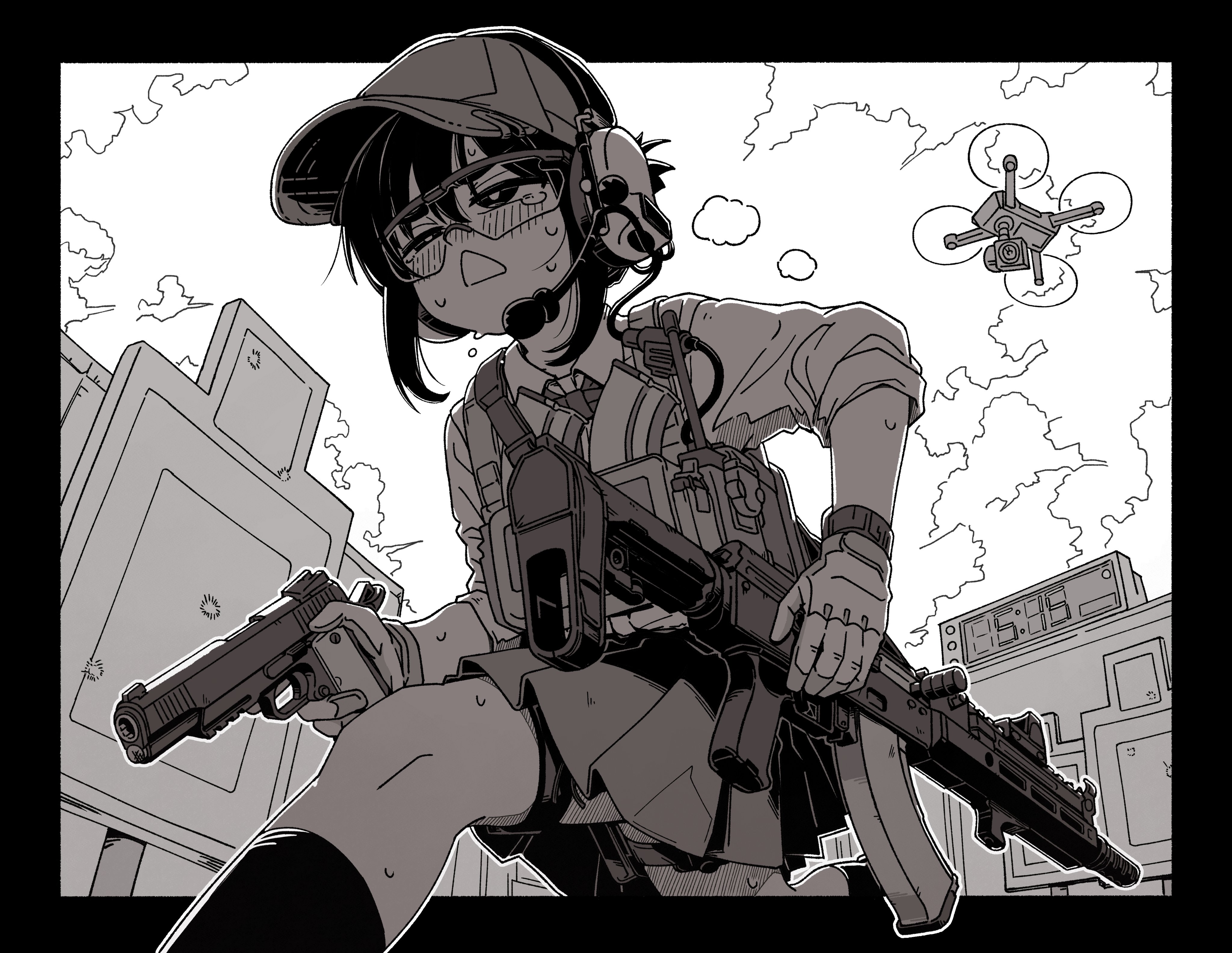 bocchi-ya-nawi, original, absurdres, highres, 1girl, ak-104, assault rifle, baseball cap, black border, black hair, border, clock, digital clock, drone, gloves, gun, handgun, hat, headset, holding, holding gun, holding weapon, kalashnikov rifle, load bearing vest, long hair, m1911, magazine (weapon), monochrome, open mouth, outdoors, outside border, pleated skirt, rifle, safety glasses, school uniform, skirt, sky, sleeves rolled up, socks, solo, sweat, tactical school uniform, tears, triangle mouth, trigger discipline, weapon