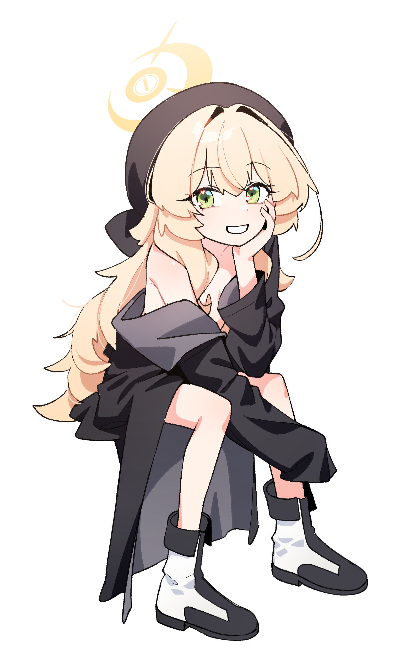whonyang, professor niyaniya (blue archive), blue archive, absurdres, highres, 1girl, black coat, black hat, blonde hair, boots, coat, full body, green eyes, grin, halo, hand on own cheek, hand on own face, hat, invisible chair, long hair, looking at viewer, off shoulder, open clothes, open coat, simple background, sitting, smile, solo, white background, yellow halo
