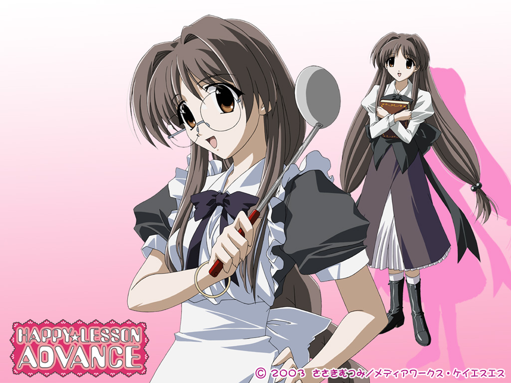 sasaki mutsumi, ichimonji mutsuki, happy lesson, 00s, 1girl, cowboy shot, female focus, glasses, maid, multiple views, school uniform, standing