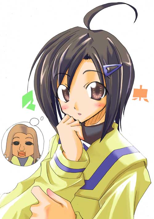 kabocha, kabocha (monkey4), katagiri himeko, maho, pani poni dash!, jpeg artifacts, 00s, 1girl, ahoge, black hair, blouse, blush, brown eyes, female focus, hair ornament, hairclip, imagining, long sleeves, looking at viewer, sailor collar, shirt, short hair, solo, upper body, white background, yellow shirt