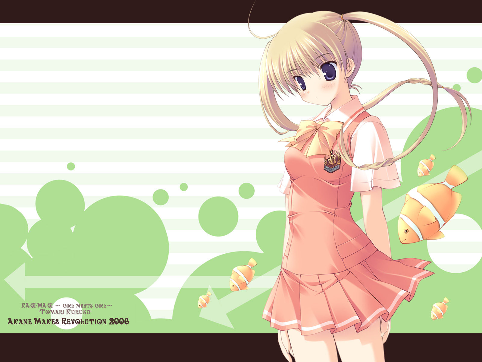 ikegami akane, kurusu tomari, kashimashi, highres, 00s, 1girl, ahoge, arms behind back, arrow (symbol), blonde hair, blue eyes, blush, bow, braid, dated, dress, embarrassed, female focus, fish, letterboxed, long hair, looking down, pleated skirt, profile, school uniform, scrunchie, serafuku, short dress, skirt, solo, standing, striped background, twin braids, twintails, very long hair