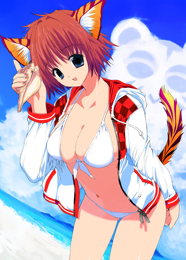 kusaka souji, 1girl, animal ears, beach, bikini, breasts, cat ears, cleavage, day, female focus, large breasts, long sleeves, outdoors, red hair, solo, swimsuit, white bikini