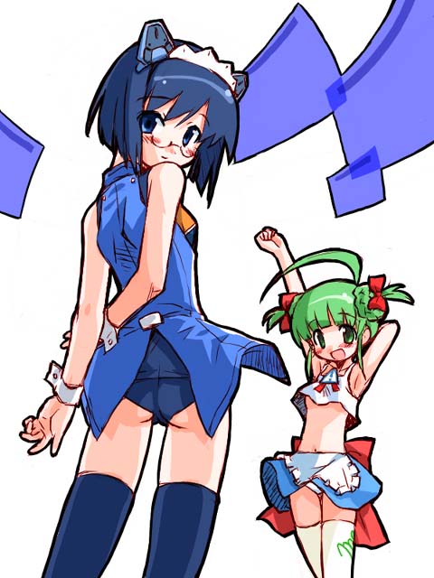 suka, 2k-tan, me-tan, xp-tan, os-tan, white legwear, 2girls, :d, ahoge, armpits, arms up, ass, blue eyes, blue hair, blue skirt, blue thighhighs, blush, cowboy shot, double bun, glasses, green eyes, green hair, hair bun, leotard, midriff, multiple girls, navel, open mouth, simple background, skirt, smile, standing, thighhighs, white background