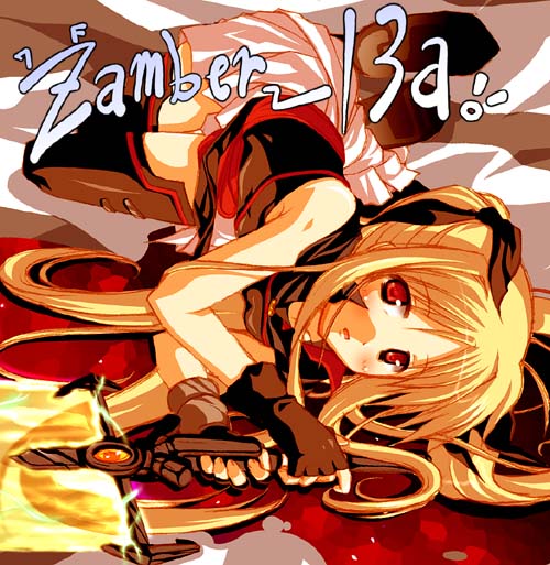 utsurogi angu, bardiche (nanoha), bardiche (zanber form) (nanoha), fate testarossa, fate testarossa (lightning form), lyrical nanoha, mahou shoujo lyrical nanoha, mahou shoujo lyrical nanoha a's, 00s, 1girl, blonde hair, boots, energy sword, female focus, fingerless gloves, gloves, hair ribbon, lying, magical girl, open mouth, ribbon, skirt, solo, sword, thigh boots, thighhighs, twintails, weapon