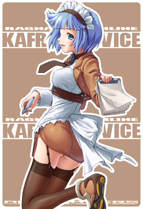 kazuma muramasa, ragnarok online, 1girl, ass, blue eyes, blue hair, blunt bangs, bob cut, brown background, brown necktie, brown shoes, brown thighhighs, copyright name, cropped jacket, female focus, from side, garter belt, garter straps, kafra uniform, lingerie, long sleeves, looking back, maid, maid headdress, matching hair/eyes, necktie, open mouth, outline, pen, shoes, short hair, solo, thighhighs, underwear