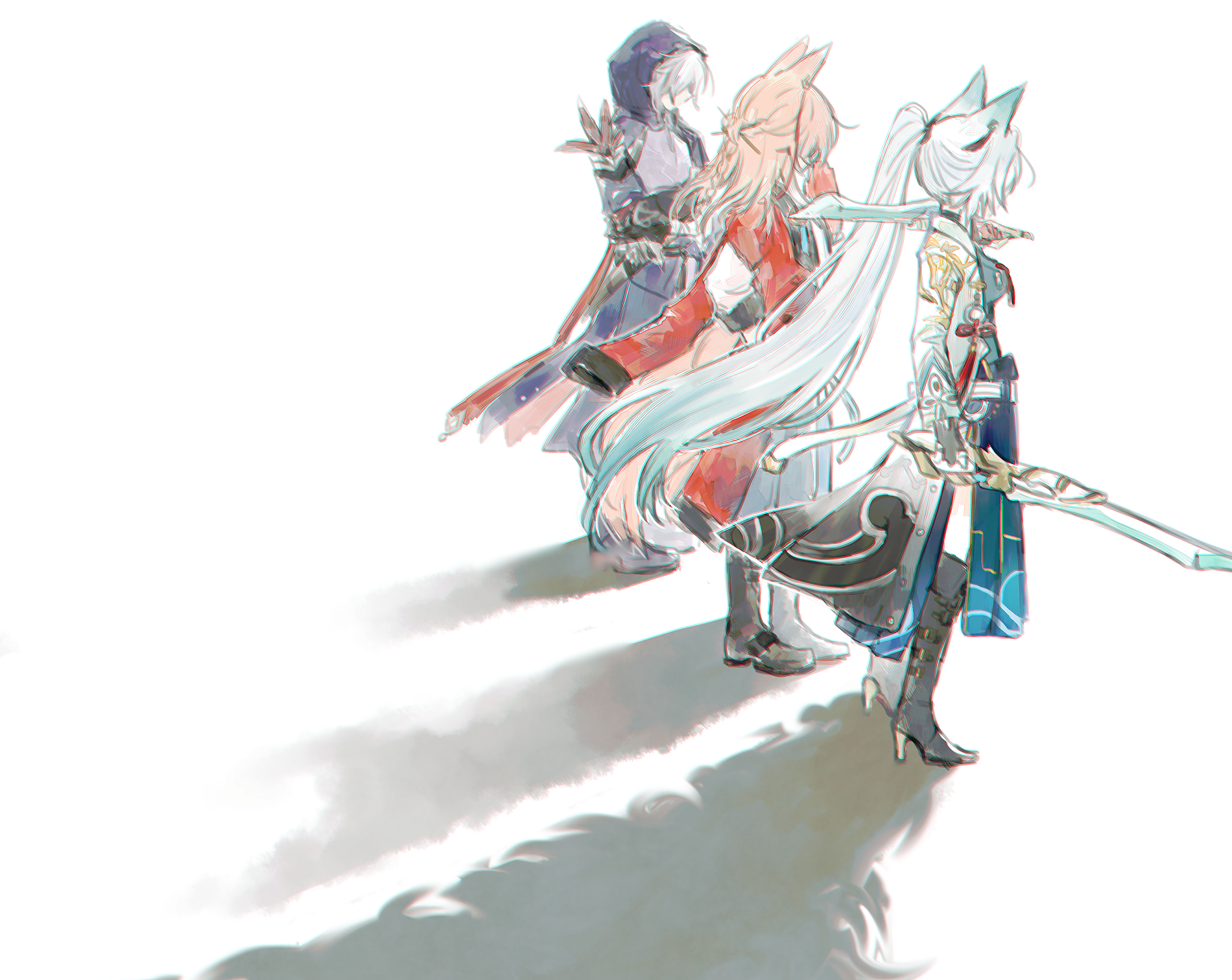 calccalculi, feixiao (honkai: star rail), jiaoqiu (honkai: star rail), moze (honkai: star rail), honkai: star rail, honkai (series), highres, 1girl, 2boys, animal ears, arm at side, arm out of sleeve, boots, braid, coat, crossed arms, dual wielding, fingerless gloves, floating hair, fox ears, from side, full body, gloves, green hair, grey hair, hand fan, hand up, high heel boots, high heels, high ponytail, holding, holding fan, holding sword, holding weapon, hood, hood up, jacket, long hair, long sleeves, multiple boys, open clothes, open coat, over shoulder, pants, pink hair, ponytail, shirt, side-by-side, single braid, standing, sword, very long hair, weapon, weapon over shoulder, white hair