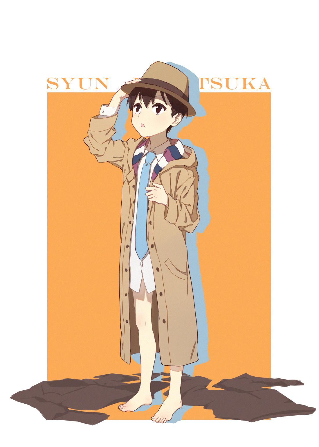 akadaidai, moritsuka shun, occultic;nine, science adventure, highres, 1boy, bare legs, barefoot, black hair, blue necktie, brown coat, brown eyes, brown hair, brown jacket, character name, coat, dress shirt, fedora, full body, hand on own head, hat, jacket, long sleeves, looking up, necktie, no jacket, no pants, open clothes, open coat, open mouth, pants, shirt, short hair, solo, suit jacket, toenails, toes, unworn jacket, unworn pants, white shirt