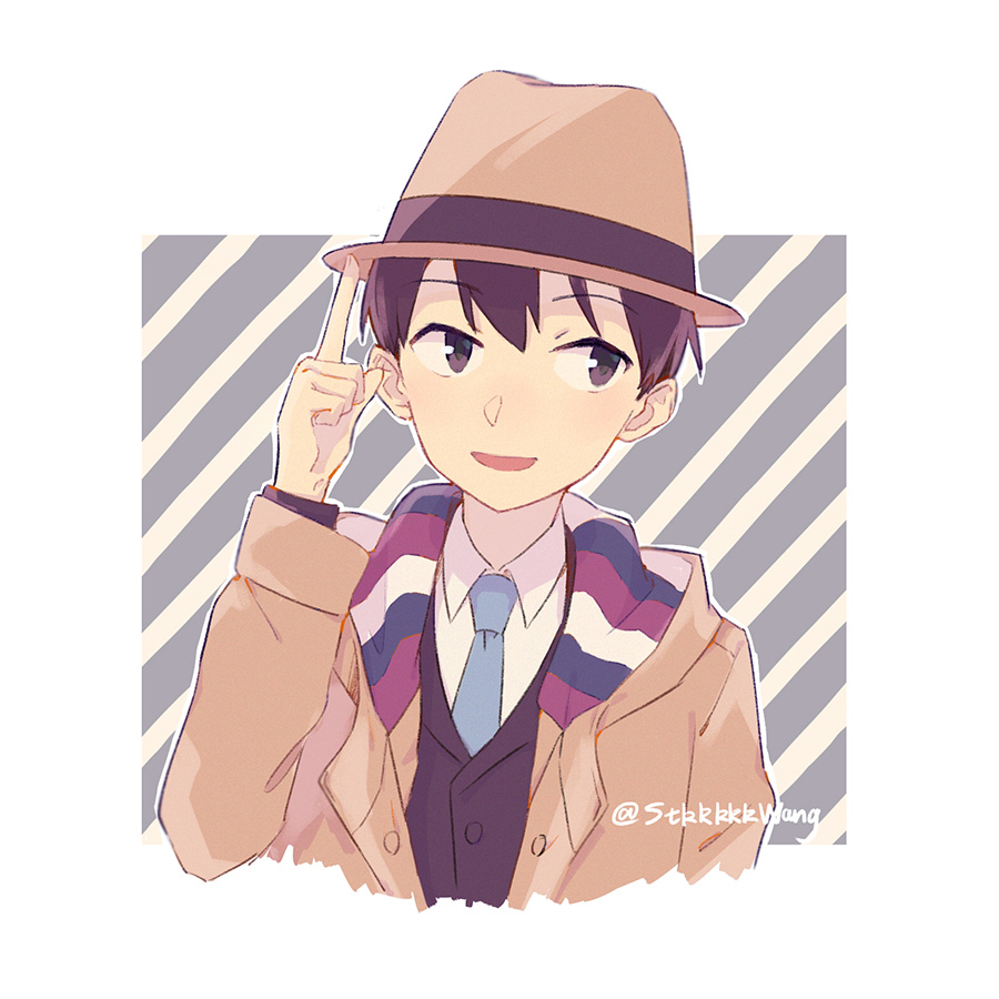 akadaidai, moritsuka shun, occultic;nine, science adventure, 1boy, black hair, blue necktie, brown coat, brown jacket, coat, dress shirt, fedora, hat, jacket, long sleeves, looking to the side, male focus, necktie, open clothes, open coat, open mouth, shirt, short hair, smile, solo, suit jacket, upper body, white shirt
