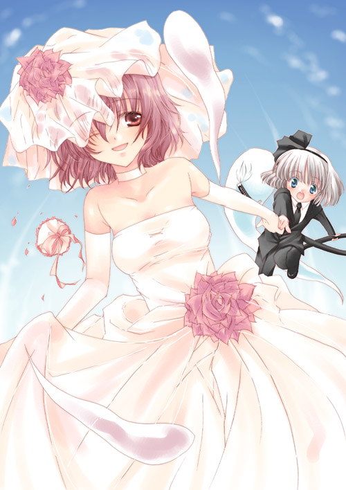 kokono coco, konpaku youmu, konpaku youmu (ghost), saigyouji yuyuko, touhou, 2girls, alternate costume, bare shoulders, bouquet, bride, choker, dress, elbow gloves, female focus, flower, formal clothes, gloves, multiple girls, pant suit, pants, strapless, strapless dress, suit, tuxedo, wedding, wedding dress, wife and wife, yuri