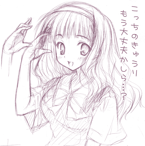 luna lia, kamiizumi yasuna, kashimashi, graphite (medium), traditional media, translation request, 00s, 1girl, female focus, hairband, long hair, monochrome, open mouth, sketch, smile, solo, upper body