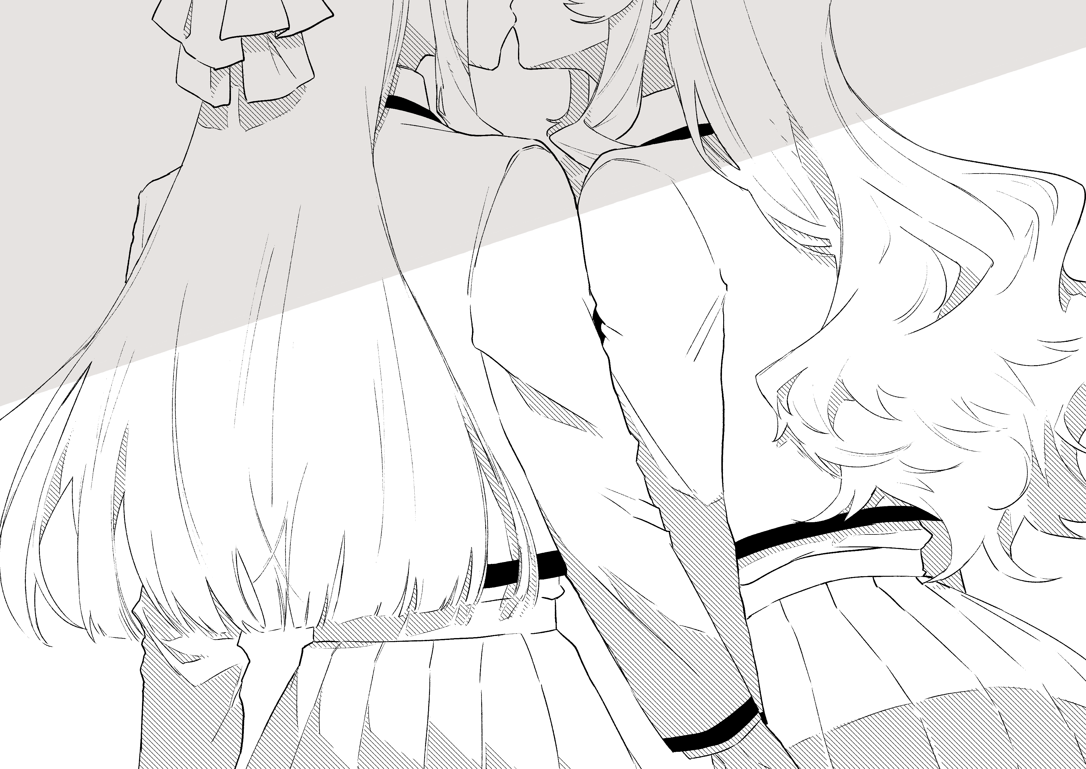 lilimaya, saijou claudine, tendou maya, shoujo kageki revue starlight, absurdres, highres, 2girls, arms at sides, bow, from behind, greyscale, hair bow, head out of frame, holding hands, jacket, kiss, long hair, long sleeves, monochrome, multiple girls, pleated skirt, profile, school uniform, seishou music academy uniform, shade, shirt, shirt tucked in, sidelocks, simple background, skirt, standing, upper body, wavy hair, white background, yuri