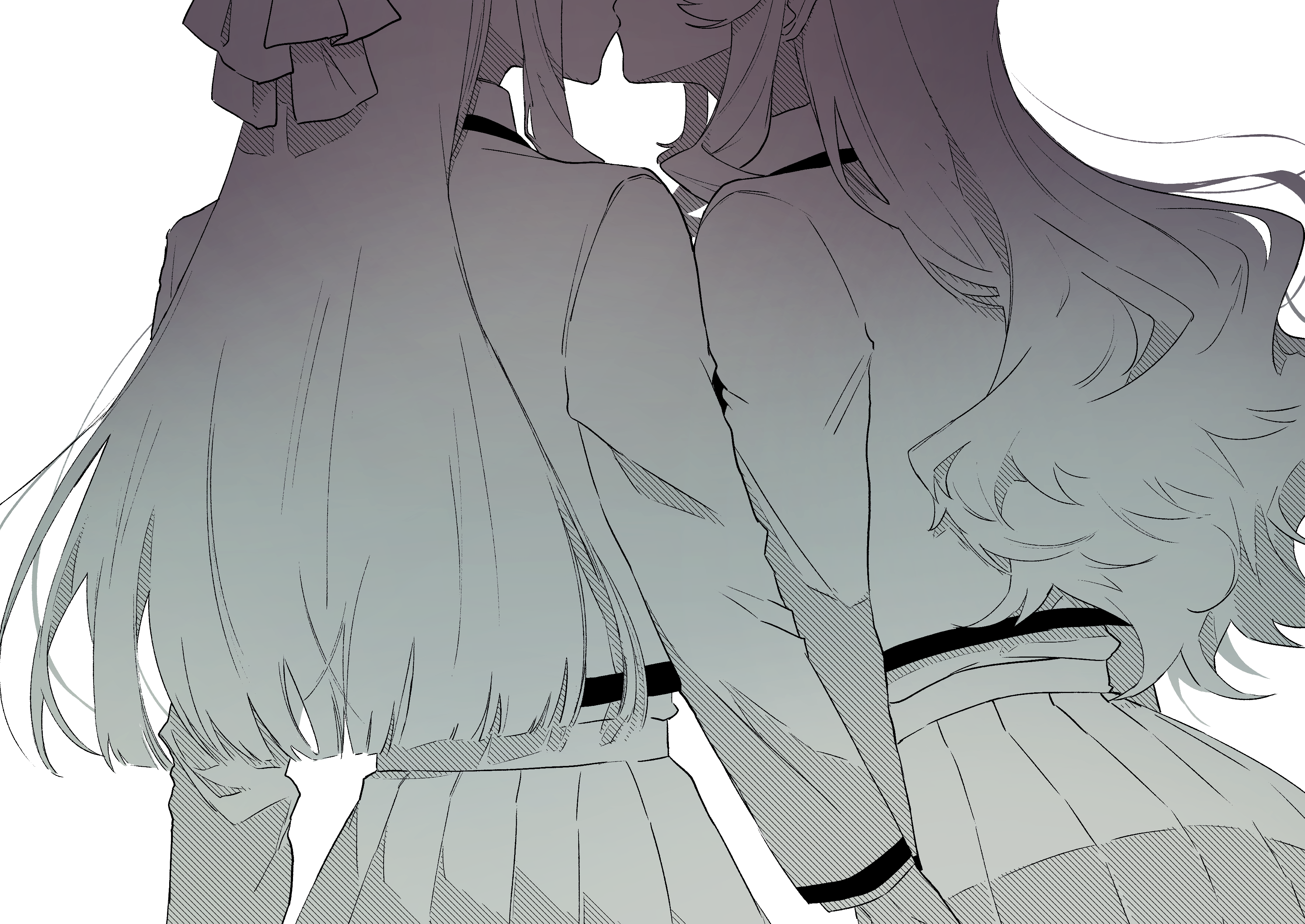 lilimaya, saijou claudine, tendou maya, shoujo kageki revue starlight, absurdres, highres, 2girls, arms at sides, bow, from behind, greyscale, hair bow, head out of frame, holding hands, jacket, kiss, long hair, long sleeves, monochrome, multiple girls, pleated skirt, profile, school uniform, seishou music academy uniform, shirt, shirt tucked in, sidelocks, simple background, skirt, standing, upper body, wavy hair, white background, yuri