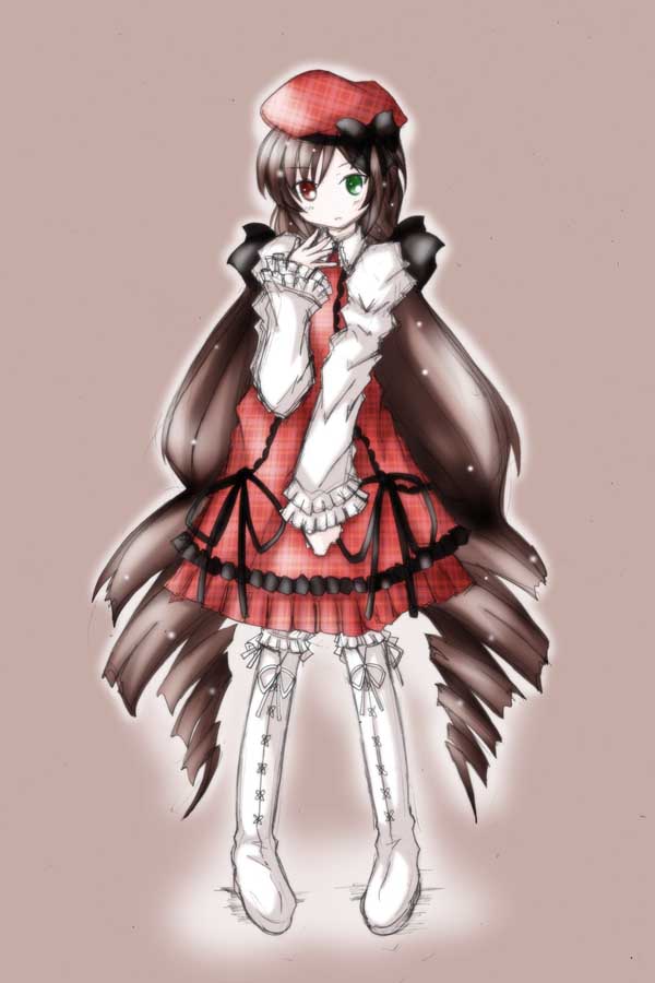 suiseiseki, rozen maiden, 00s, 1girl, boots, female focus, heterochromia, long hair, solo, thighhighs, very long hair, white boots