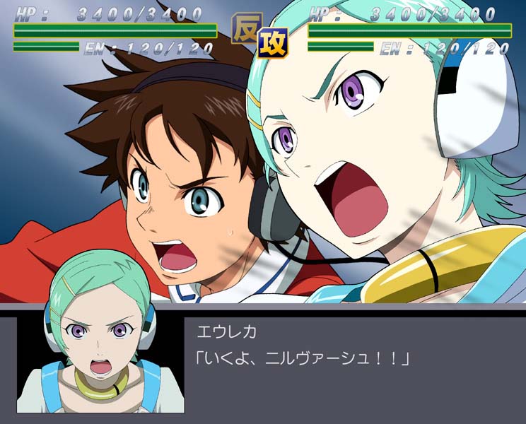 isse, renton, eureka (eureka seven), renton thurston, banpresto, eureka seven, eureka seven (series), super robot wars, 00s, 1boy, 1girl, aqua eyes, brown hair, close-up, green hair, headgear, headphones, health bar, purple eyes, raglan sleeves, short hair, srw battle screen, upper body