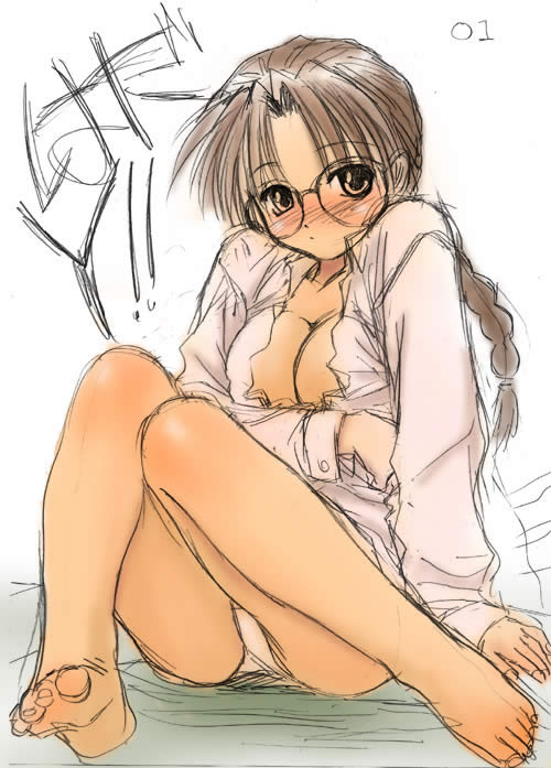hoshina tomoko, to heart, to heart (series), 1girl, female focus, glasses, open clothes, open shirt, panties, pantyshot, shirt, sitting, solo, underwear, white panties