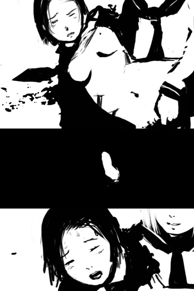 paper eleven, tagme, 1girl, greyscale, monochrome, open clothes, open shirt, shirt
