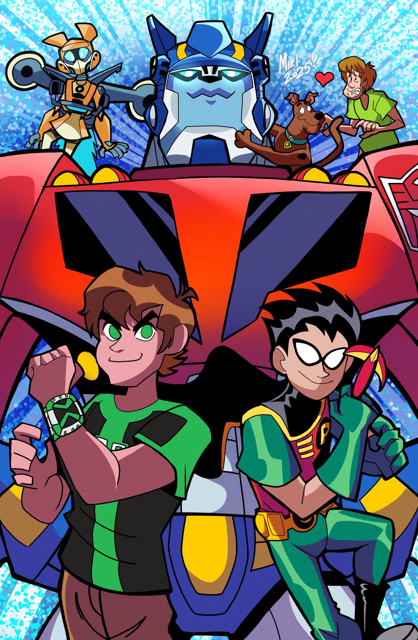 ratboy miki, ben tennyson, optimus prime, optimus prime (animated), robin (dc), sari sumdac, scooby-doo (character), shaggy rogers, ben 10, dc comics, scooby-doo, teen titans, transformers, transformers animated, highres, 1girl, 2025, 6+boys, android, autobot, birthday, black boots, black shirt, blue background, blue eyes, boots, brown hair, brown pants, clenched hands, glowing, glowing eyes, green eyes, green pants, green shirt, hands on own hips, heart, humanoid robot, letter print, mecha, multiple boys, omnitrix, pants, robot, shirt, short hair, smile, superhero costume