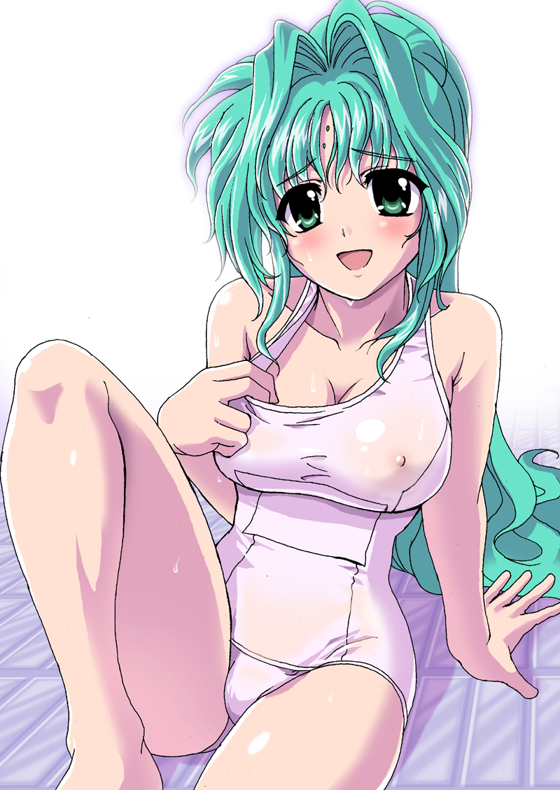 lindy harlaown, lyrical nanoha, mahou shoujo lyrical nanoha, mahou shoujo lyrical nanoha a's, 00s, 1girl, blush, breasts, covered erect nipples, facial mark, female focus, forehead mark, green eyes, green hair, large breasts, long hair, matching hair/eyes, one-piece swimsuit, school swimsuit, solo, swimsuit, white one-piece swimsuit, white school swimsuit