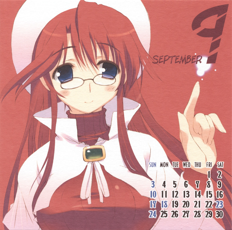 amazuyu tatsuki, aty, aty (summon night), summon night, summon night 3, 00s, 1girl, 2006, blue eyes, calendar, female focus, glasses, hat, long hair, red hair, september, solo