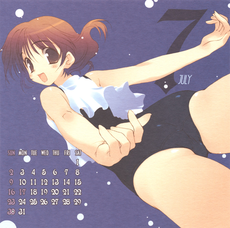 amazuyu tatsuki, original, 00s, 2006, ass, black one-piece swimsuit, brown hair, calendar, july, one-piece swimsuit, school swimsuit, short hair, solo, swimsuit